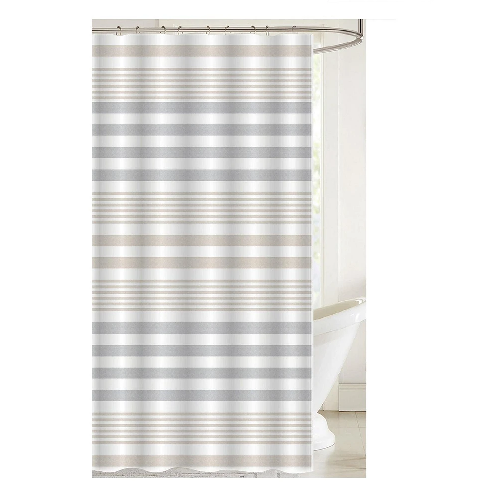 Printed Canvas Shower Curtain With Roller Hooks (Striped)