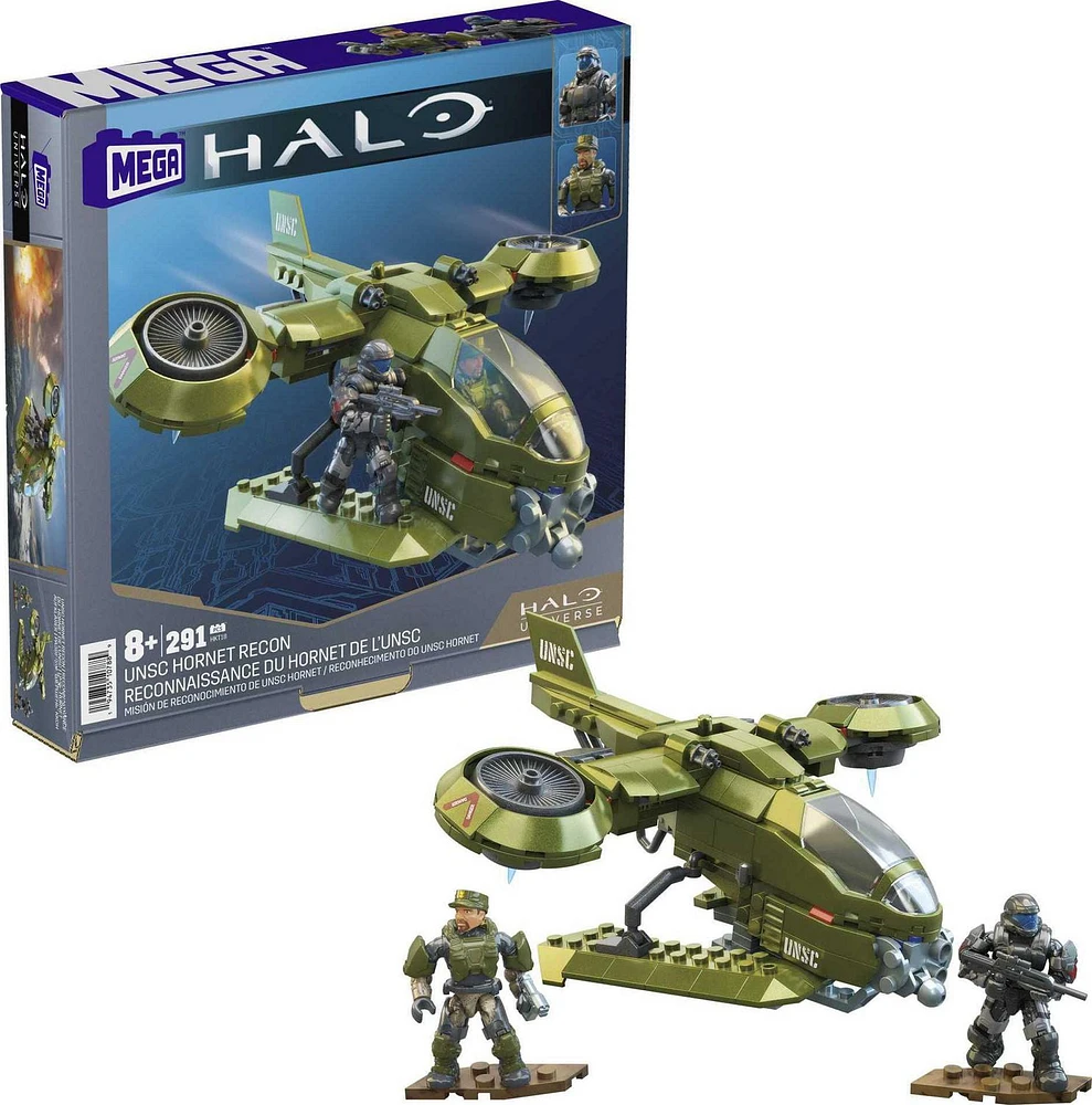 MEGA Halo UNSC Hornet Recon Aircraft Building Toy with 2 Micro Action Figures (291 pcs), Ages 8+