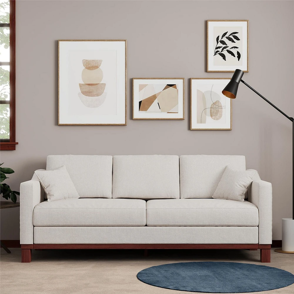 Brooklyn Upholstered Wood Base Sofa with 2 Throw Cushions