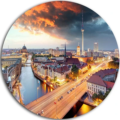 Design Art Berlin at Dawn with Dramatic Sky' Ultra Glossy Cityscape Metal Circle Wall Art