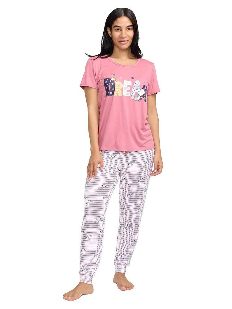 Women's pajama set with a Snoopy 'Dream' top and striped jogger pants - exclusivité en ligne