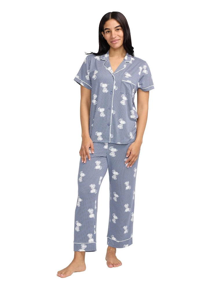 Ensemble de pyjama pour femmes Peanuts avec col cranté et pantalon capri