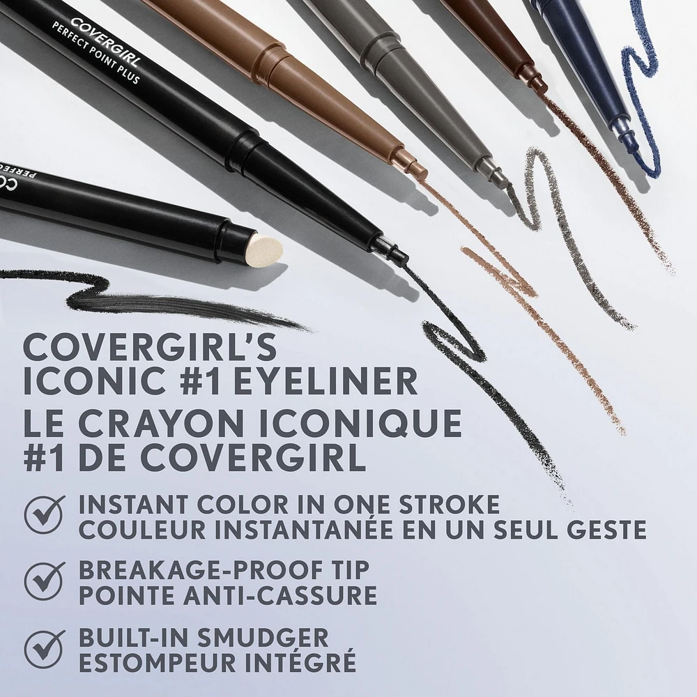 COVERGIRL Perfect Point Plus Eye Pencil, micro-fine point, precise line, built-in smudger tip for a softer, smokier look, 100% Cruelty-Free, Built-in smudger