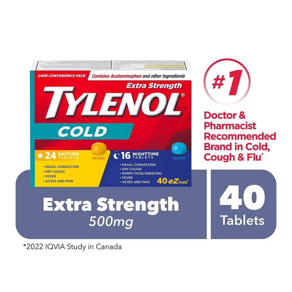 Tylenol Extra Strength Cold eZ Tabs, Relieves Cold symptoms, Daytime & Nighttime, Convenience Pack, 40 Count