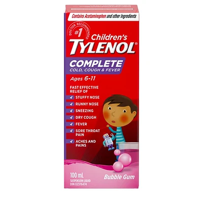Children’s Tylenol Complete Cold, Cough & Fever Suspension Liquid, Bubble Gum Burst, 100 mL