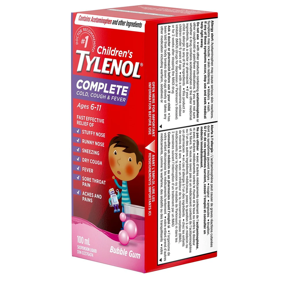 Children’s Tylenol Complete Cold, Cough & Fever Suspension Liquid, Bubble Gum Burst, 100 mL