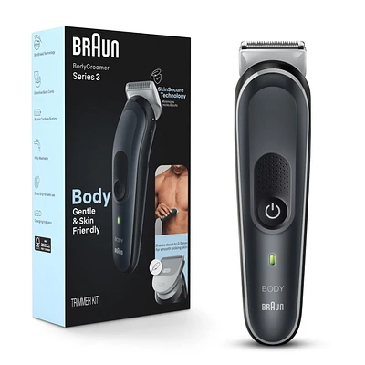 Tondeuse pour le corps Braun Series 3 3340, pour hommes, pour la poitrine, les aisselles, l’aine, le rasage du corps et plus encore, inclut 2 peignes pour longueurs de 1 mm à 3 mm, technologie SkinSecure, lavable, autonomie sans cordon de 80 minutes