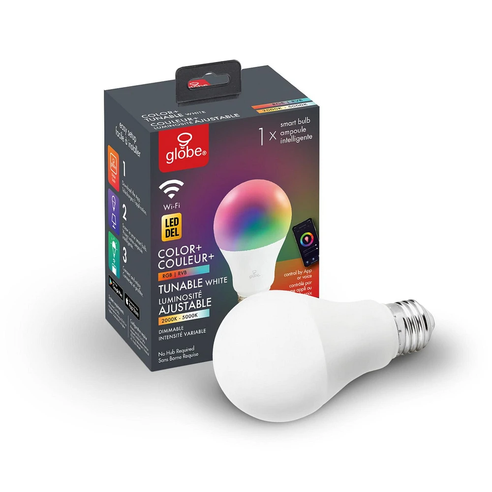 Globe Electric Wi-Fi Smart 10 Watt (60W Equivalent) Multicolor Changing RGB Tunable White Frosted LED Plastic Light Bulb, No Hub Required, Voice Activated, 2000K - 5000K, A19 Shape, E26 Base, 34202