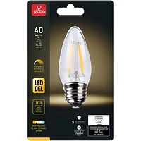 Globe Electric 40W Equivalent Warm White (2700K) B11 Dimmable LED Candelabra Plastic Light Bulb, E26 Base, 350 Lumens, 30970