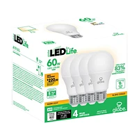 Globe Electric 60W Equivalent Warm White (3000K) A19 Non-Dimmable LED Plastic Light Bulb 4-Pack, E26 Base, 800 Lumens, 30716