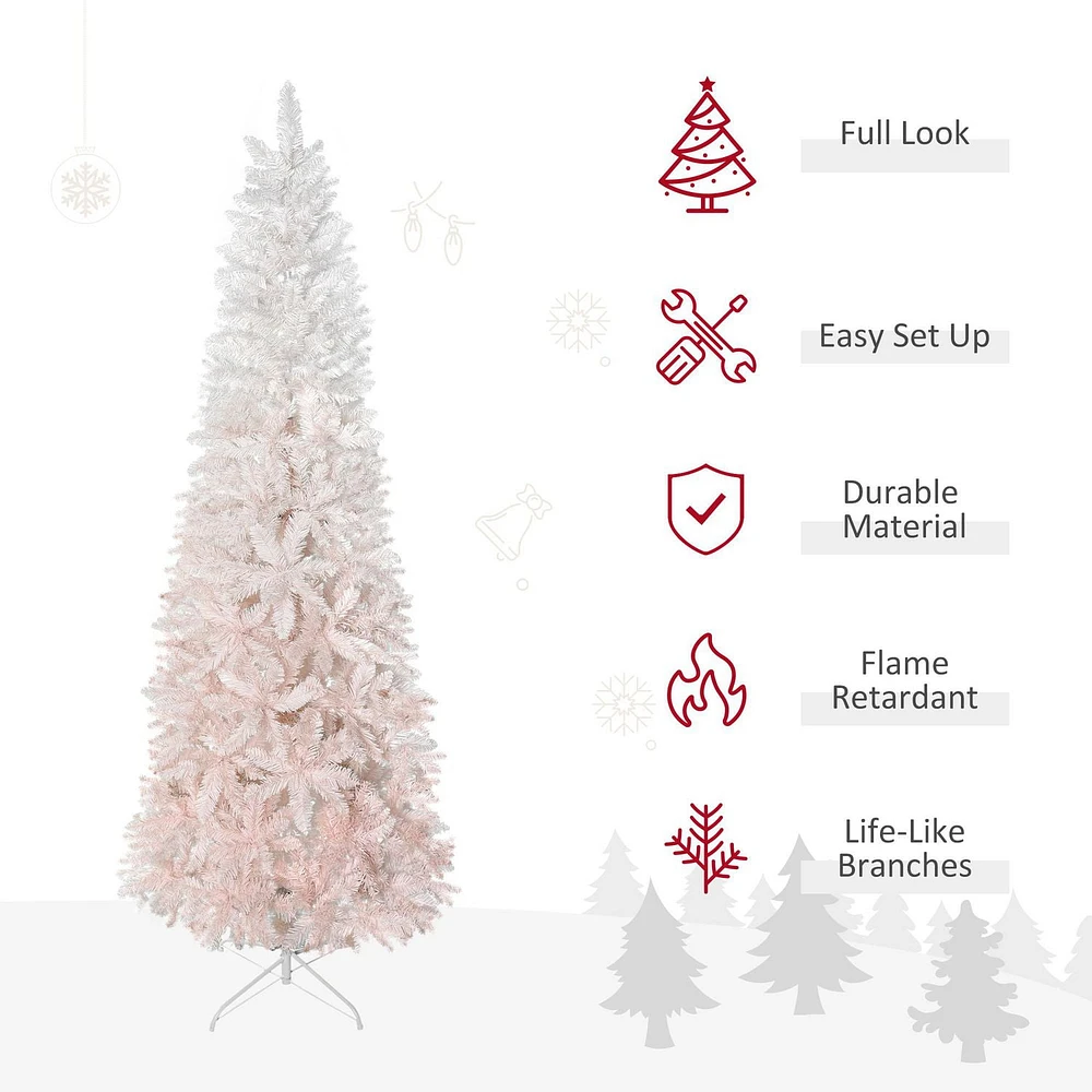 HOMCOM 6FT Pencil Artificial Christmas Tree with Pine Realistic Branches, Auto Open, Pink and White