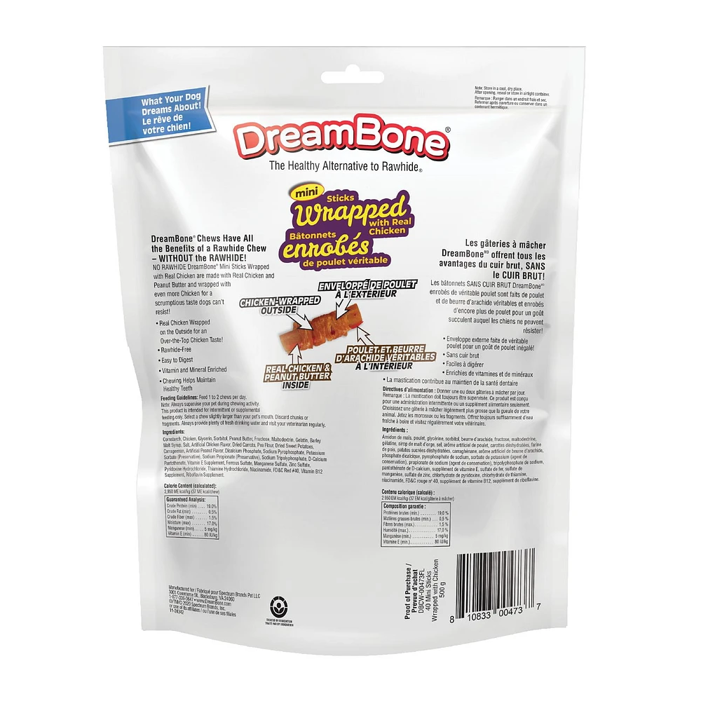 DreamBone Chicken Wrapped Sticks Peanut Butter Mini 40ct, 500g, DreamBone Chicken Wrapped Sticks Peanut Butter Mini 40ct, 500g Rawhide Free