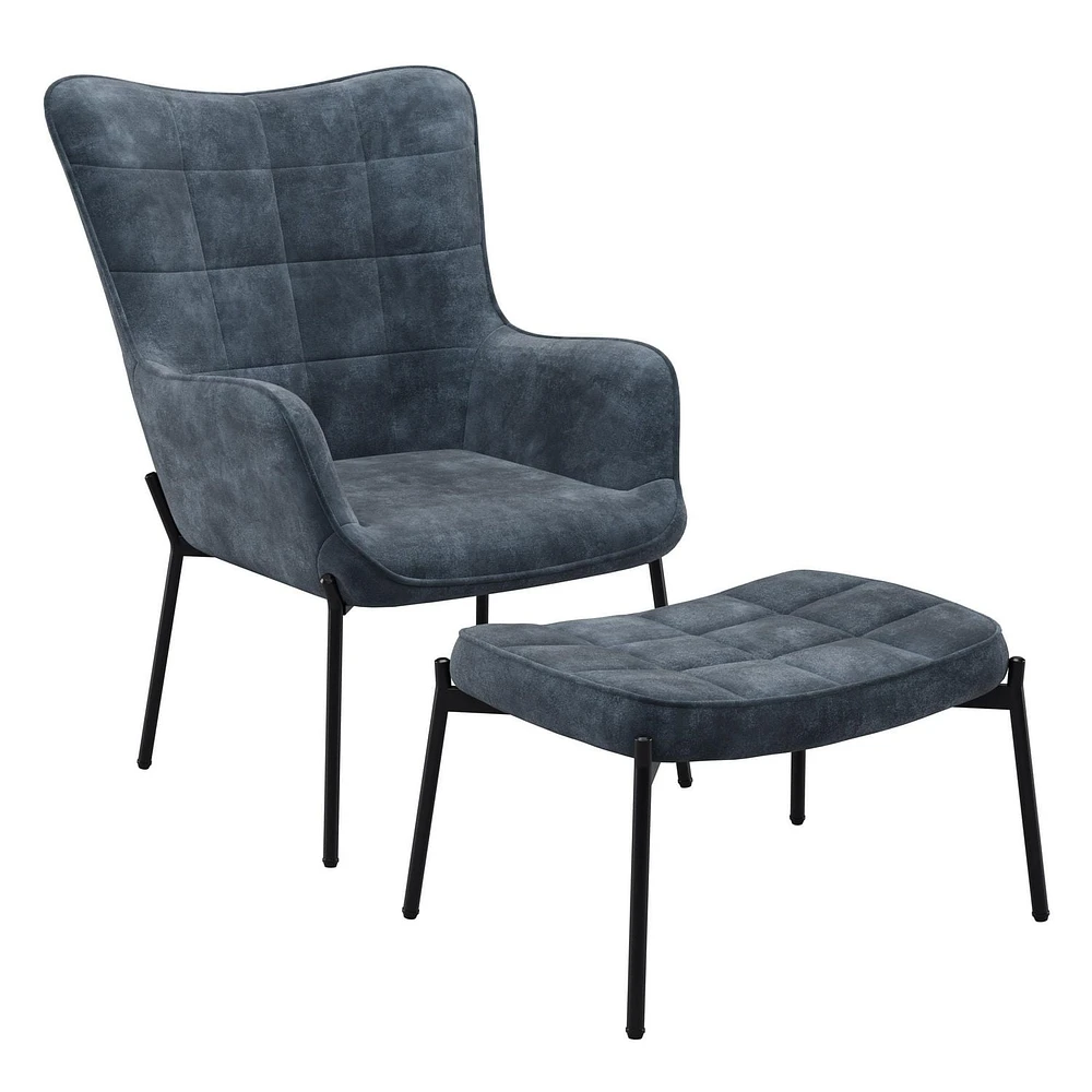 Charlotte Winged Back Velvet Accent Chair with Stool