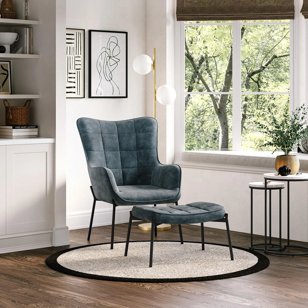 Charlotte Winged Back Velvet Accent Chair with Stool