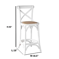 Counter stool made of solid wood, powder coated metal cross back and wicker seat.40"H (SH 26") x 16"W x 16.5"D<br>Seat: 16"W x 14.5"D