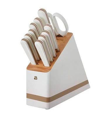 Beautiful 12 Piece Knife Block Set with Soft-Grip Ergonomic Handles White and Gold by Drew Barrymore