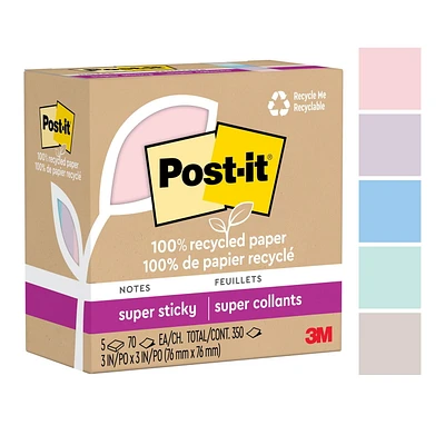 Post-it® 100% Recycled Paper Super Sticky Notes 654R-5SSNRP, Wanderlust Pastels Collection, 3 in x 3 in, 5 Pads/Pack, 70 Sheets/Pad, Post-it® Notes 654R-5SSNRP