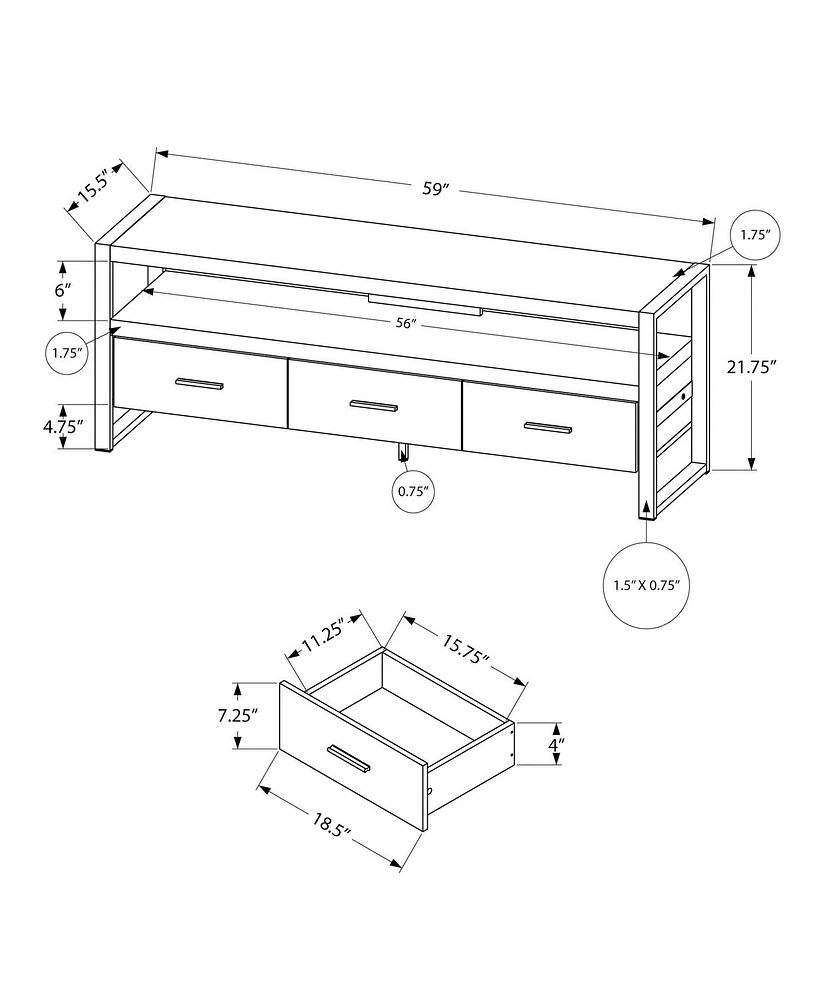 Monarch Specialties Tv Stand, 60 Inch, Console, Media Entertainment Center, Storage Drawers, Living Room, Bedroom, Metal, Laminate, Black, Contemporary, Modern