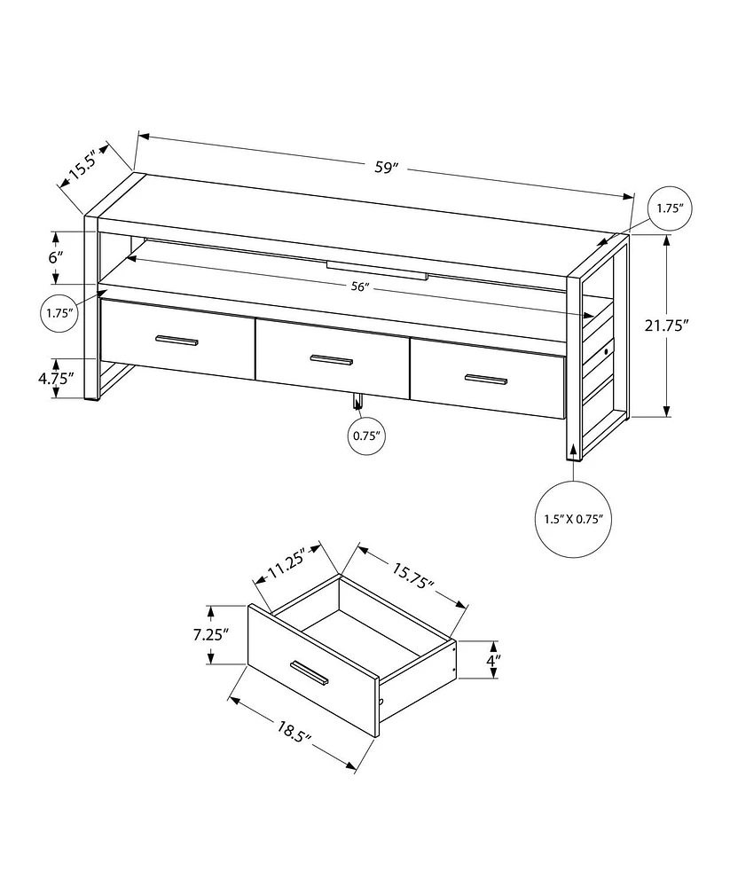 Monarch Specialties Tv Stand, 60 Inch, Console, Media Entertainment Center, Storage Drawers, Living Room, Bedroom, Metal, Laminate, Black, Contemporary, Modern