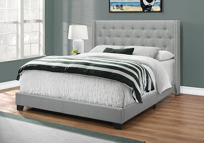 Monarch Specialties Bed, Queen Size, Platform, Bedroom, Frame, Upholstered, Linen Look, Wood Legs, Grey, Chrome, Transitional