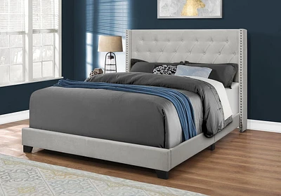 Monarch Specialties Bed, Queen Size, Platform, Bedroom, Frame, Upholstered, Velvet, Wood Legs, Grey, Transitional