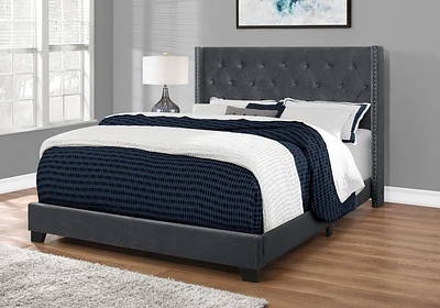 Monarch Specialties Bed, Queen Size, Platform, Bedroom, Frame, Upholstered, Velvet, Wood Legs, Grey, Chrome, Transitional