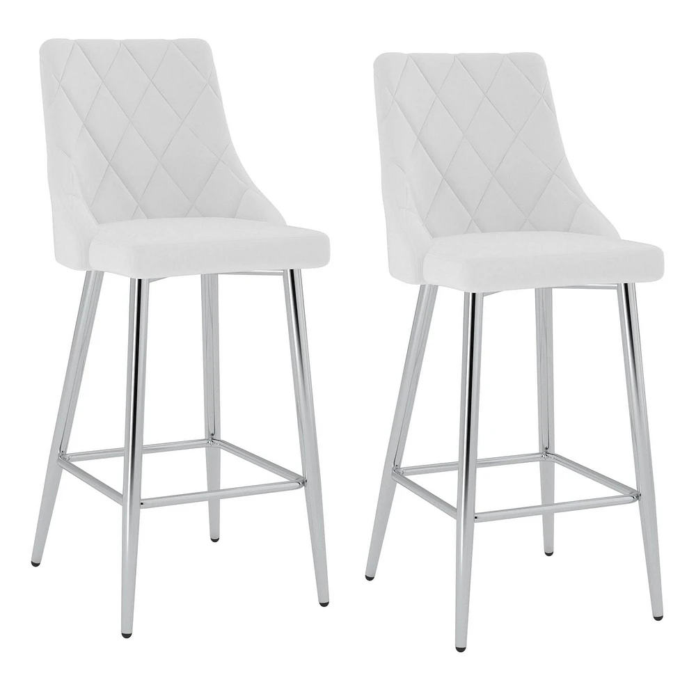 Contemporary Faux Leather and Metal 26" Counter Stool, Set of 2 - White and Chrome