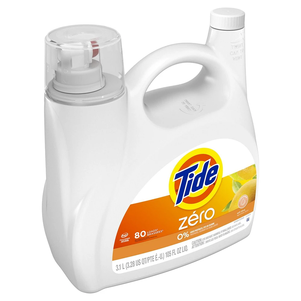 Tide Zero Liquid Laundry Detergent, Soft Citrus Scent, CleanScent Technology, 3.1L