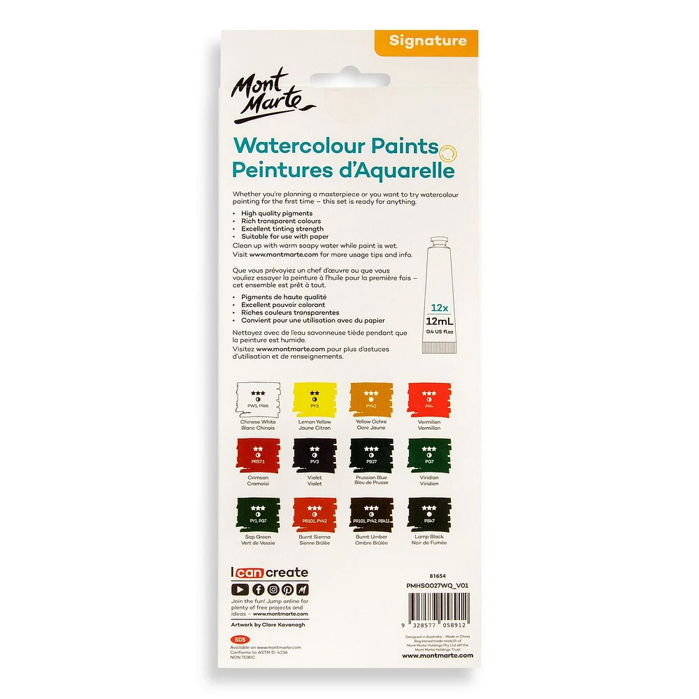 MONT MARTE Ensemble pour peinture à l'aquarelle - 12ml chacun - 12 mcx