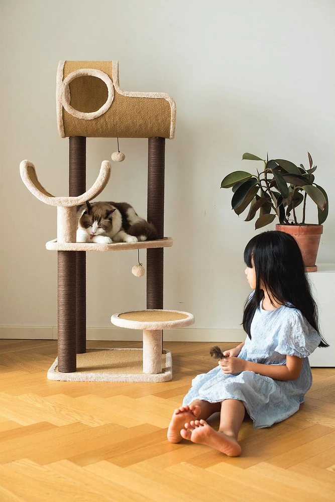 Catry Camel Large Carpeted Cat Tree with Scratchers & Toys