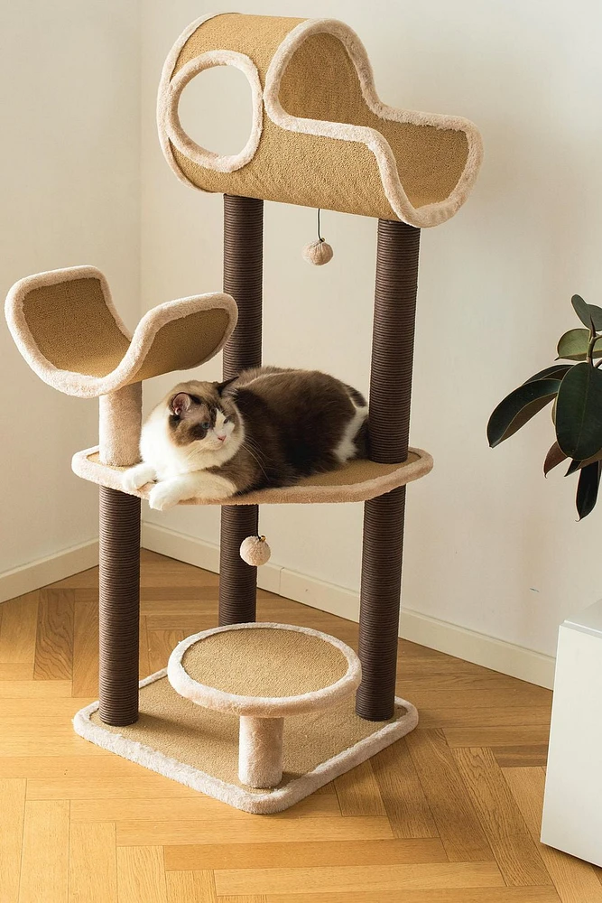 Catry Camel Large Carpeted Cat Tree with Scratchers & Toys