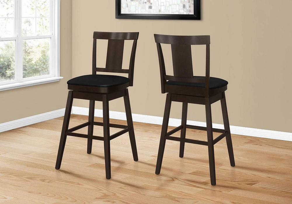 Monarch Specialties Bar Stool, Set Of 2, Swivel, Bar Height, Wood, Pu Leather Look, Brown, Black, Transitional