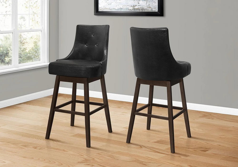 Monarch Specialties Bar Stool, Set Of 2, Swivel, Bar Height, Wood, Pu Leather Look, Black, Brown, Transitional