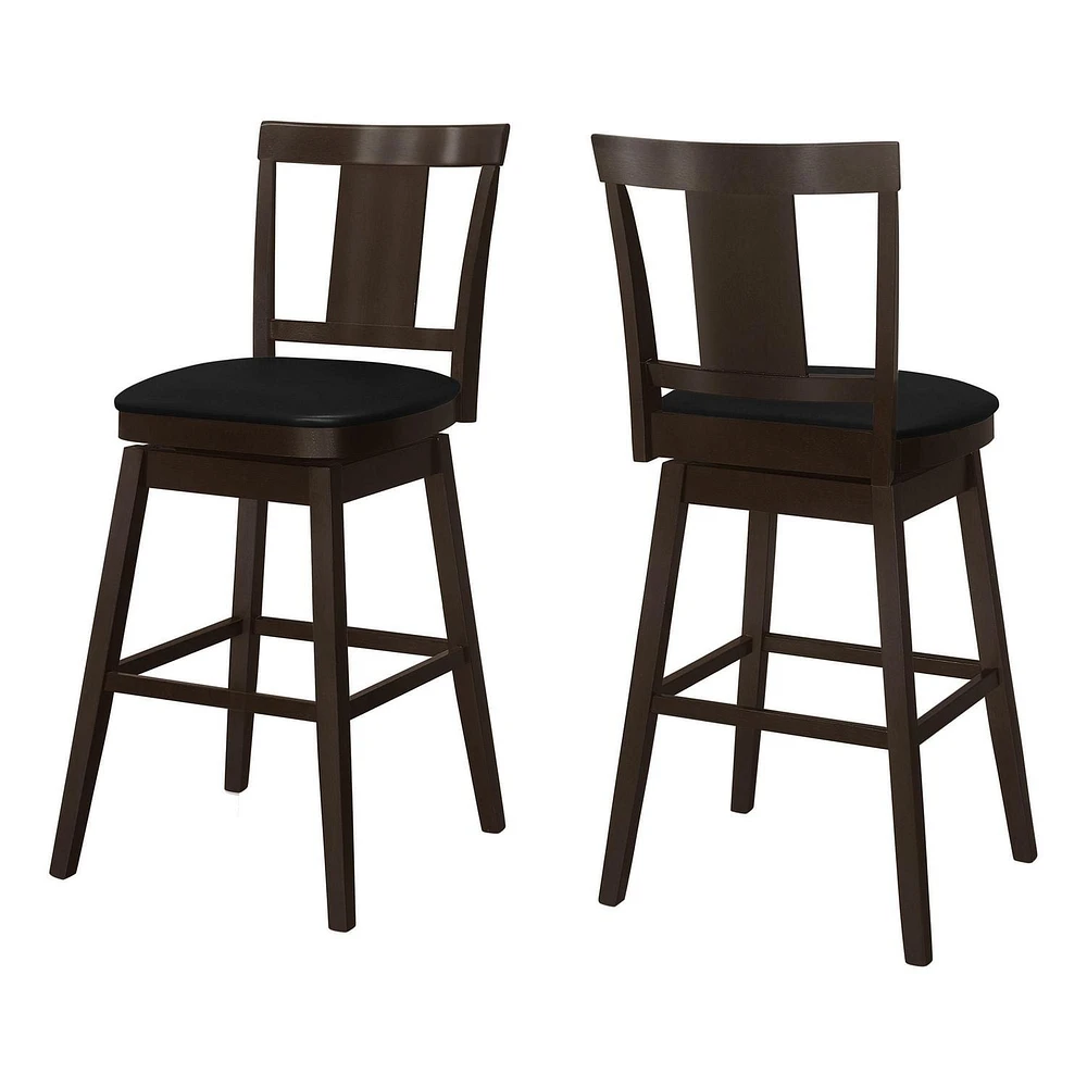 Monarch Specialties Bar Stool, Set Of 2, Swivel, Bar Height, Wood, Pu Leather Look, Brown, Black, Transitional