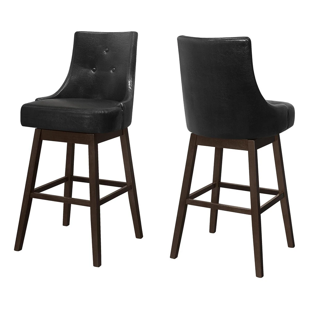 Monarch Specialties Bar Stool, Set Of 2, Swivel, Bar Height, Wood, Pu Leather Look, Black, Brown, Transitional