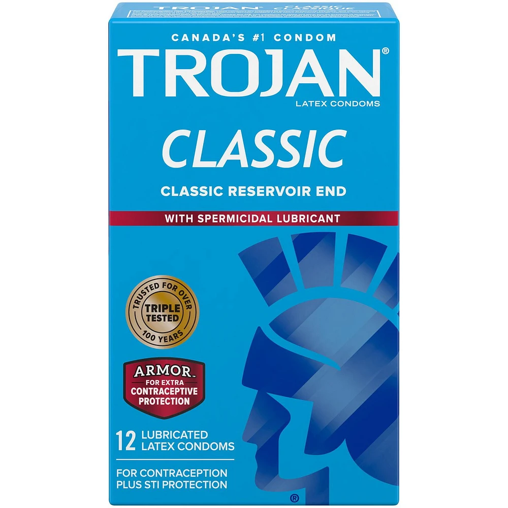 Trojan Classic Lubricated Condoms, with Spermicidal Lubricant, 12 Lubricated Latex Condoms