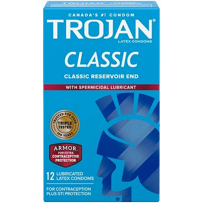 Trojan Classic Lubricated Condoms, with Spermicidal Lubricant, 12 Lubricated Latex Condoms