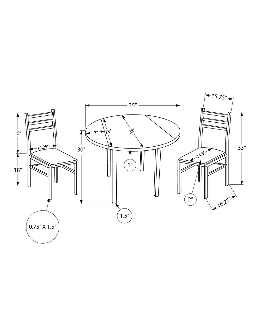 Monarch Specialties Dining Table Set, 3pcs Set, Small, 35" Drop Leaf, Kitchen, Metal, Laminate, Brown, Black, Contemporary, Modern