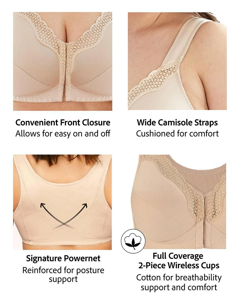 Exquisite FORM® entièrement -#9600531 Soutien-gorge de posture couvrant, à bonnets souples et en coton, dentelle, fermeture sur le devant, sans fil Tailles Disponibles 38C - 46DD