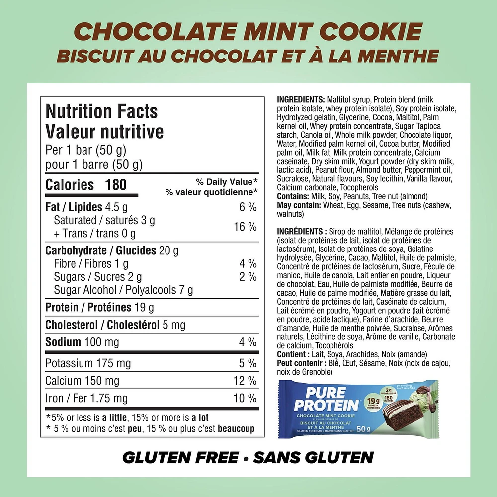 CHOCOLATE MINT COOKIE, 19 g protein, gluten free, 6 X 50 g bars, New Look! Pure Protein bars feature the winning combination of high protein and great taste.