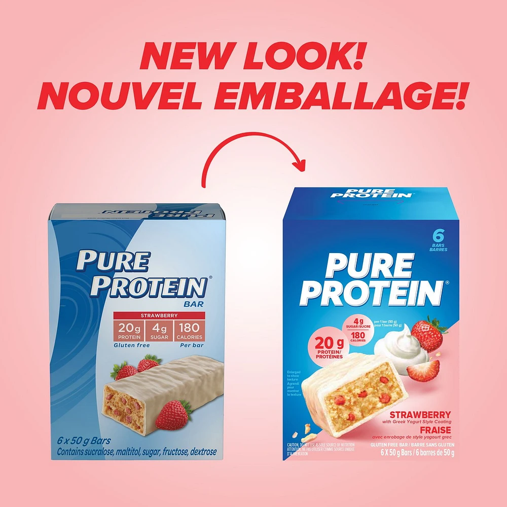 STRAWBERRY, 20 g of protein, gluten free, 6 X 50 g bars, New Look! Pure Protein bars feature the winning combination of high protein and great taste.