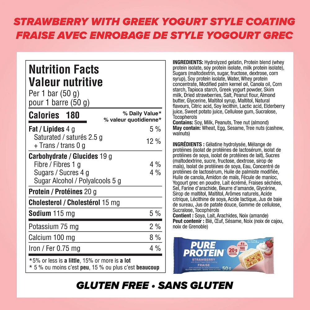 STRAWBERRY, 20 g of protein, gluten free, 6 X 50 g bars, New Look! Pure Protein bars feature the winning combination of high protein and great taste.