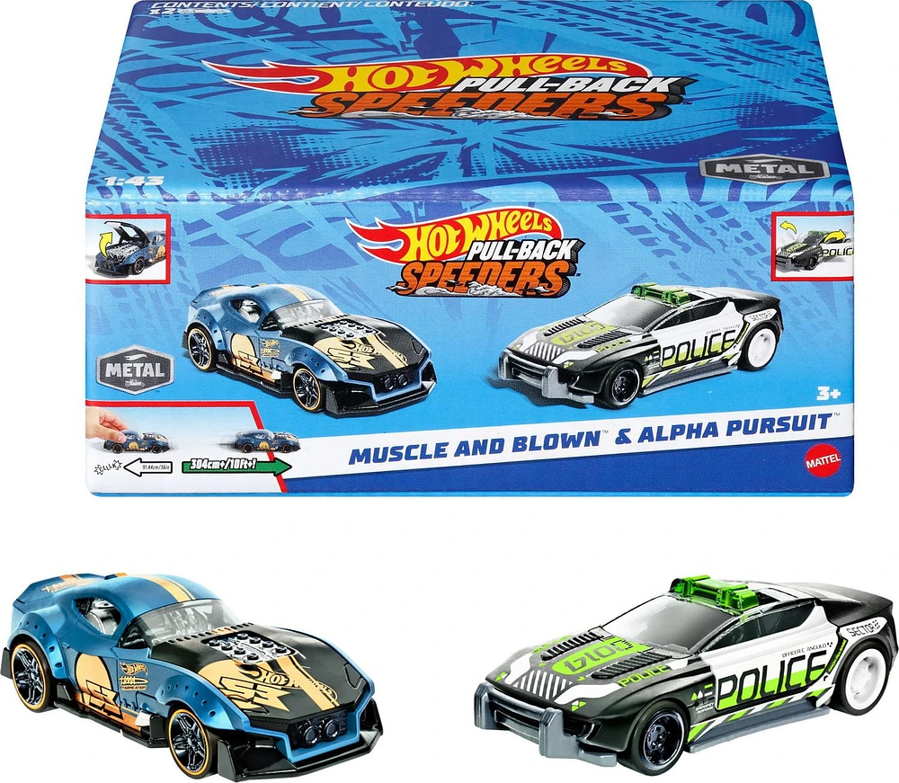 Hot Wheels Pull-Back Speeders 2 Toy Cars in 1:43 Scale, Pull Cars Backward & Release to Race - Styles May Vary