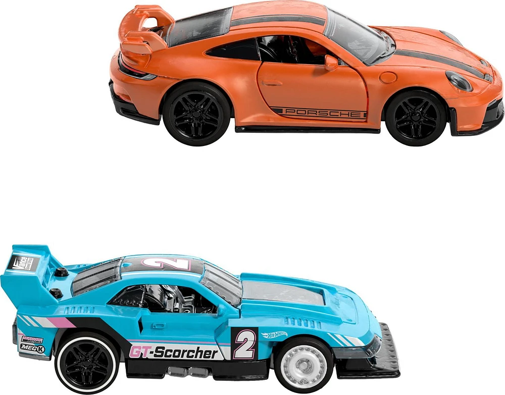 Hot Wheels Pull-Back Speeders 2 Toy Cars in 1:43 Scale, Pull Cars Backward & Release to Race - Styles May Vary