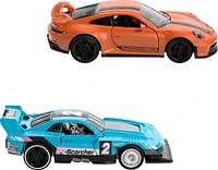 Hot Wheels Pull-Back Speeders 2 Toy Cars in 1:43 Scale, Pull Cars Backward & Release to Race - Styles May Vary