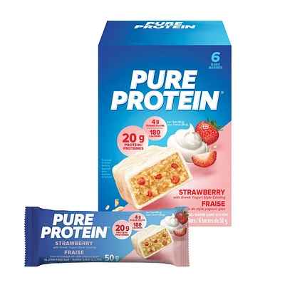 STRAWBERRY, 20 g of protein, gluten free, 6 X 50 g bars, New Look! Pure Protein bars feature the winning combination of high protein and great taste.