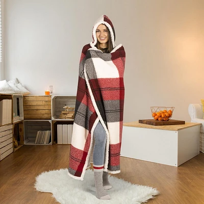 Safdie & Co. Couverture Jeté à Capuche Hoodzy Ultra Doux en Sherpa Réversible Carreaux d'Hiver