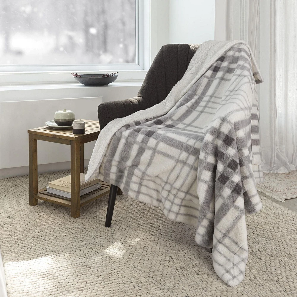 Safdie & Co. Premium Ultra Soft Faux Fur Throw Blanket with Sherpa Grey Plaid