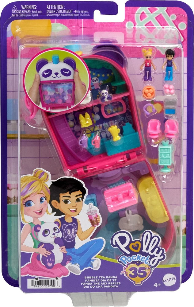 Polly Pocket Bubble Tea Panda Compact with 2 Micro Dolls and Pet Panda, Animal Toy with Food Accessories