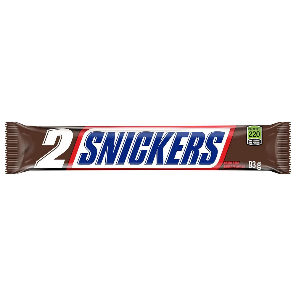 SNICKERS, barre choc. au lait et arachides, grand format 2 morc., 93 g Contient une (1) barre SNICKERS grand format de 93 g.